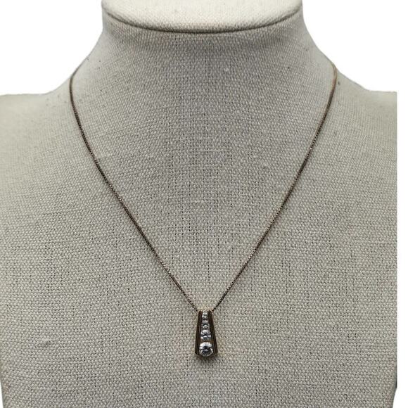 Gold Vermeil Sterling Silver 925 CZ Graduated Bar Drop Pendant Necklace - Picture 1 of 7